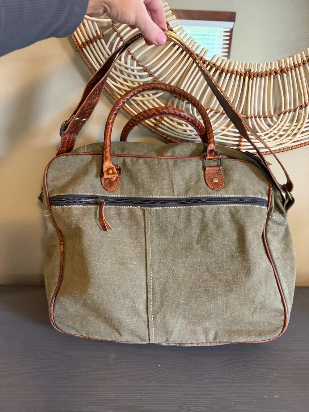 Clea Ray Repurposed Canvas Bicycle Print Messenger Bag - Olive Green